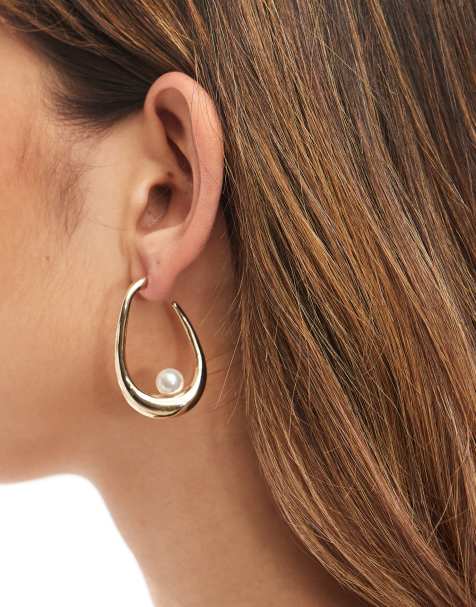 ASOS DESIGN hoop earrings with twist faux pearl detail in gold tone - view 1