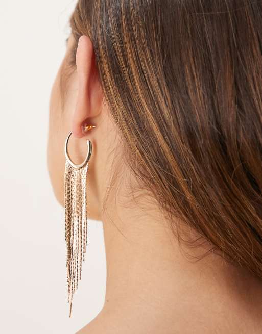 ASOS DESIGN hoop earrings with waterfall chain drop detail in gold tone, 3 of 3