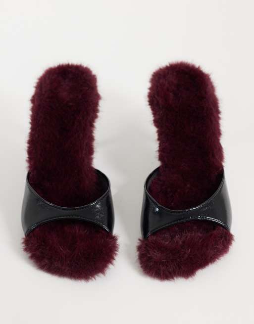 ASOS DESIGN Hooray mid heeled mules in black with plum fur, 2 of 4