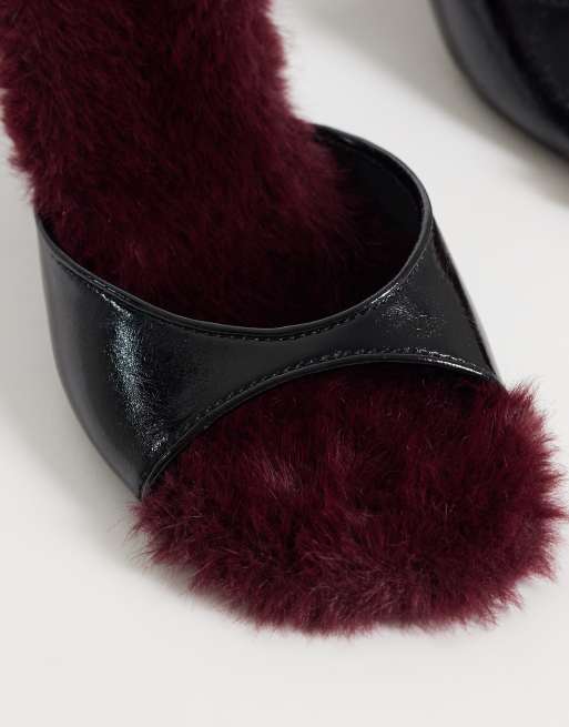 ASOS DESIGN Hooray mid heeled mules in black with plum fur, 3 of 4