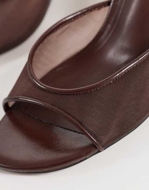 ASOS DESIGN Hooray mid heeled mules in chocolate mesh, 3 of 5