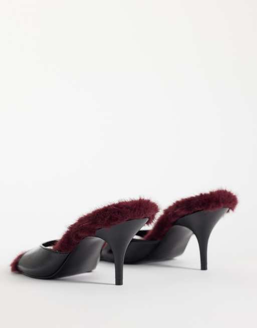 ASOS DESIGN Hooray mules med mellemhæl i sort med blommefarvet imiteret pels, 4 af 4