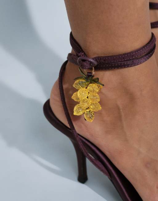 ASOS DESIGN Hope barely there mid heel stiletto sandals in plum with lemon charm, 2 of 8