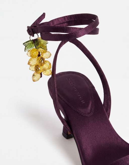 ASOS DESIGN Hope barely there mid heel stiletto sandals in plum with lemon charm, 7 of 8