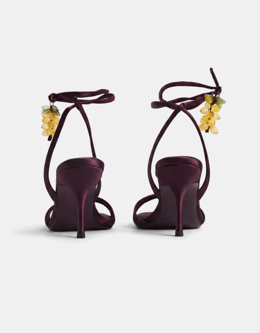 ASOS DESIGN Hope barely there mid heel stiletto sandals in plum with lemon charm, 8 of 8