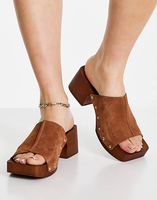 ASOS Hopscotch Premium Suede Clog Mid Heeled Sandals in Brown Womens Shoes Heels Sandal heels 
