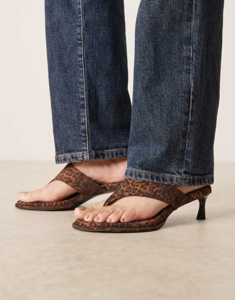 ASOS DESIGN Horizon chunky toe thong kitten heel sandals in leopard - view 1