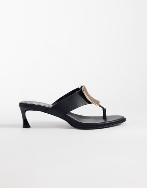 ASOS DESIGN Horizon trim detail chunky toe thong kitten heel sandals in black - view 1