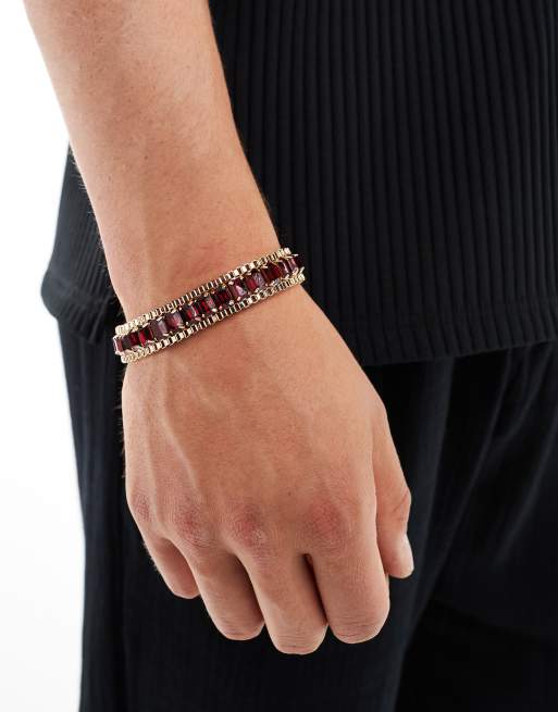 ASOS DESIGN - Horloge-armbandje met rode steentjes in goudkleur