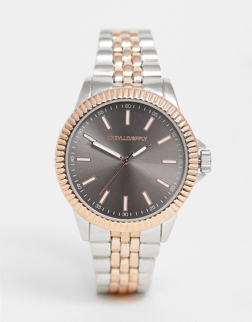 ASOS DESIGN - Horloge in zilver met roségoudkleurige details