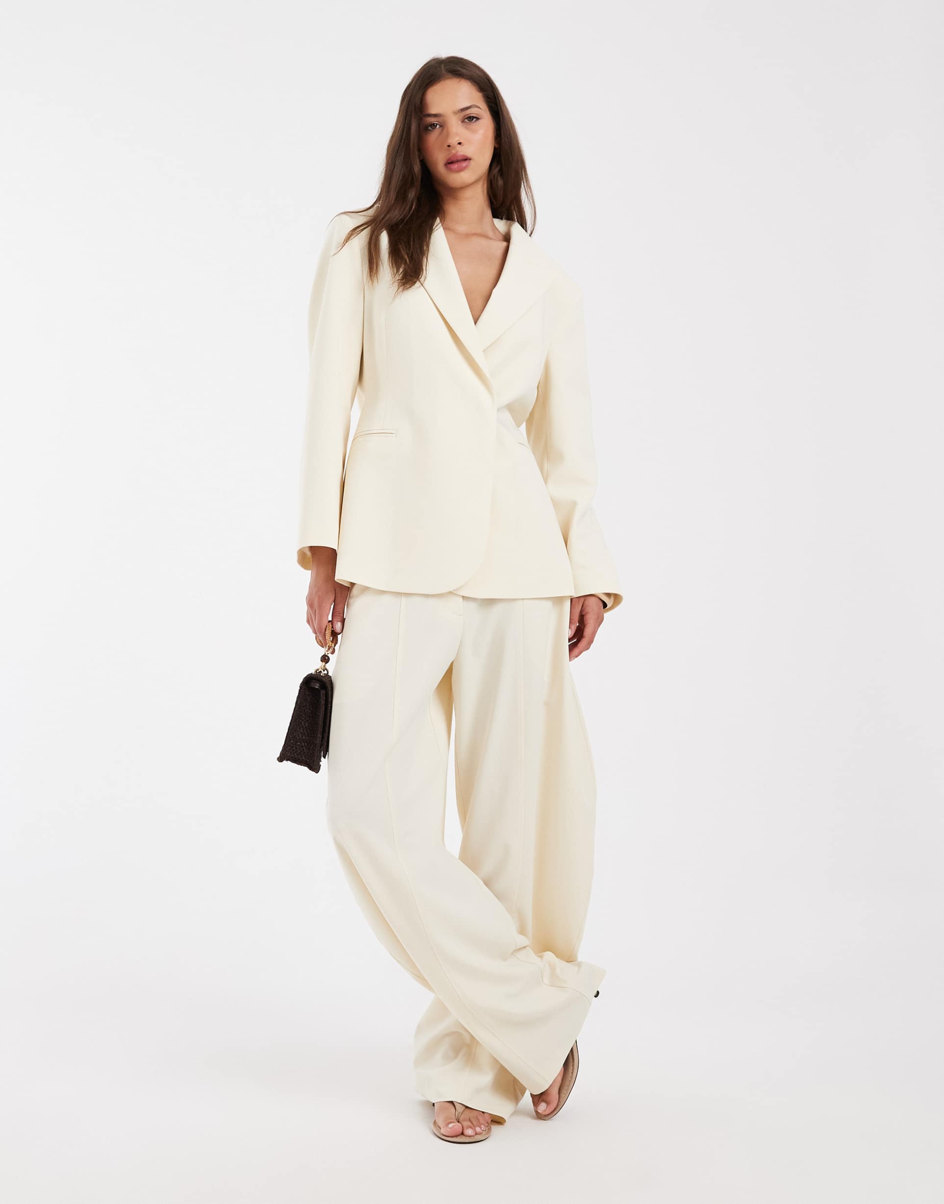 asos design horse shoe stacked tailored pants in ivory - part of a set