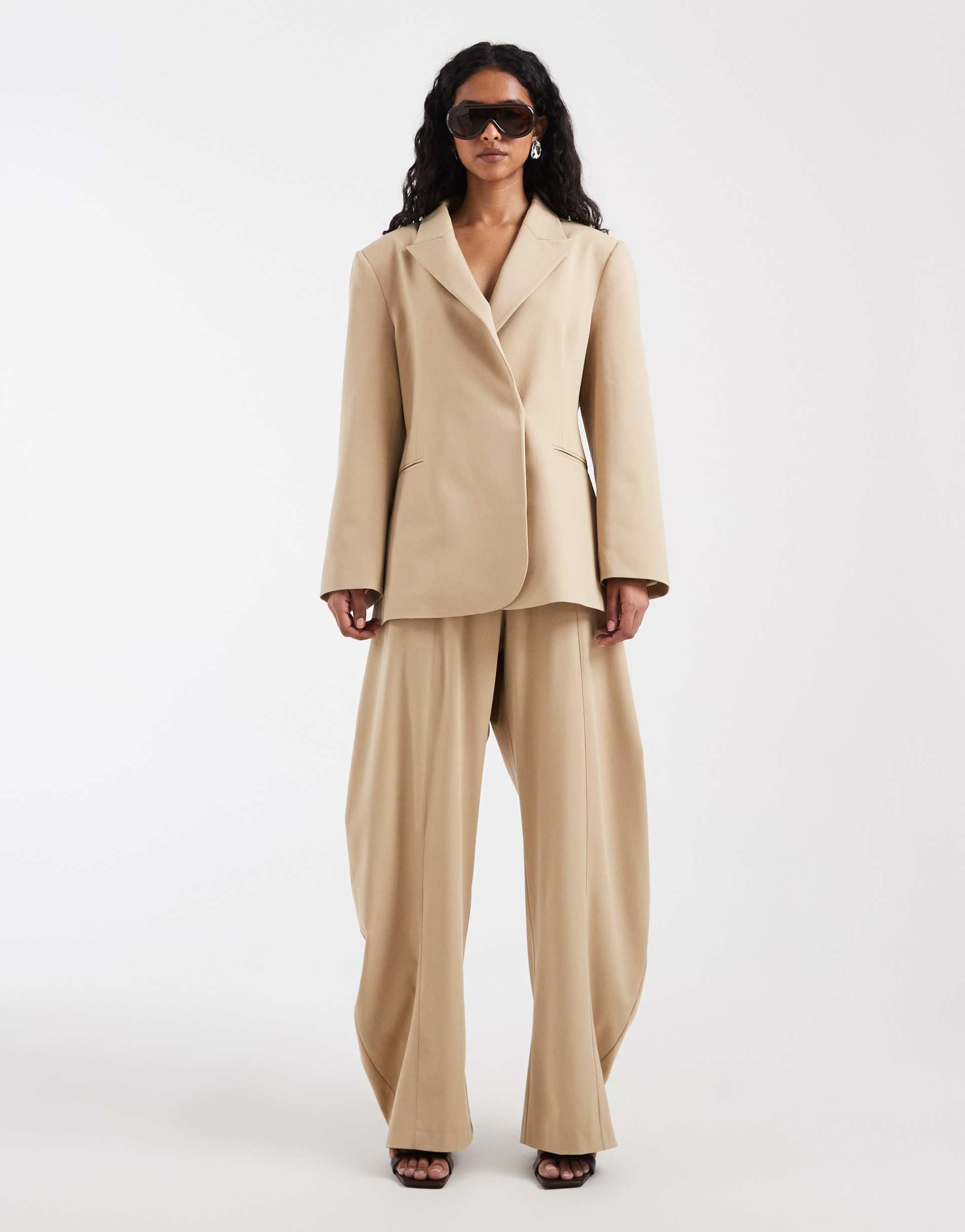 asos design horse shoe stacked tailored pants in stone - part of a set