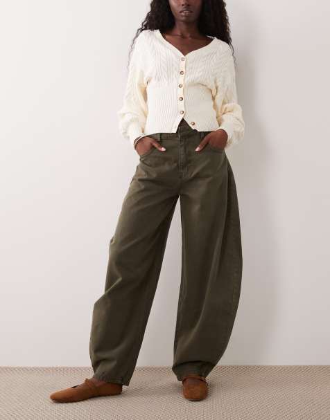 ASOS DESIGN horseshoe barrel leg jeans in khaki green - view 1