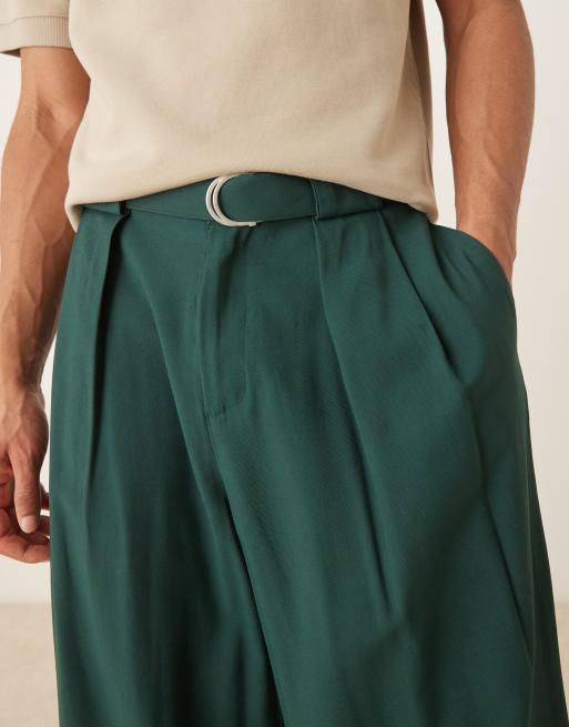 ASOS DESIGN horseshoe fit smart pants with box pleat and belt in green, 2 of 5