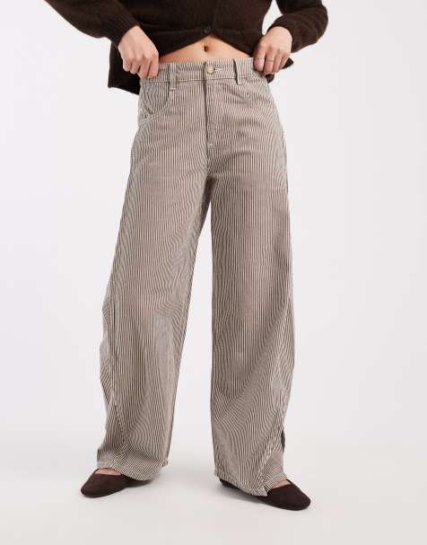 ASOS DESIGN – Horseshoe-Hose in gestreiftem Braun mit Laschendetail an der Taille - view 1