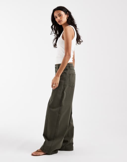 ASOS DESIGN horseshoe pants with seam detail in washed khaki, 3 of 5