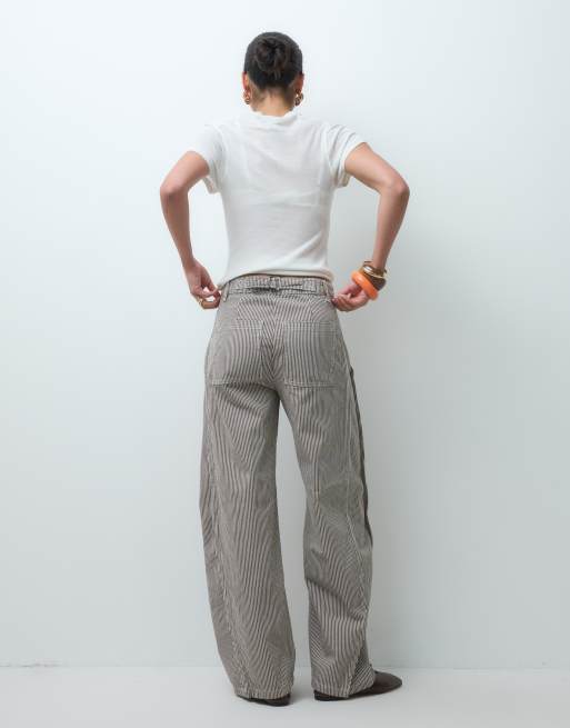 ASOS DESIGN horseshoe pants with tab waist detail in brown stripe, 2 of 5