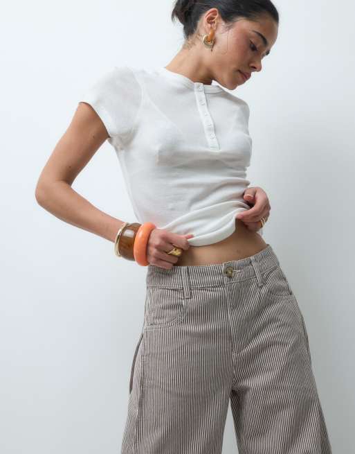 ASOS DESIGN horseshoe pants with tab waist detail in brown stripe, 4 of 5