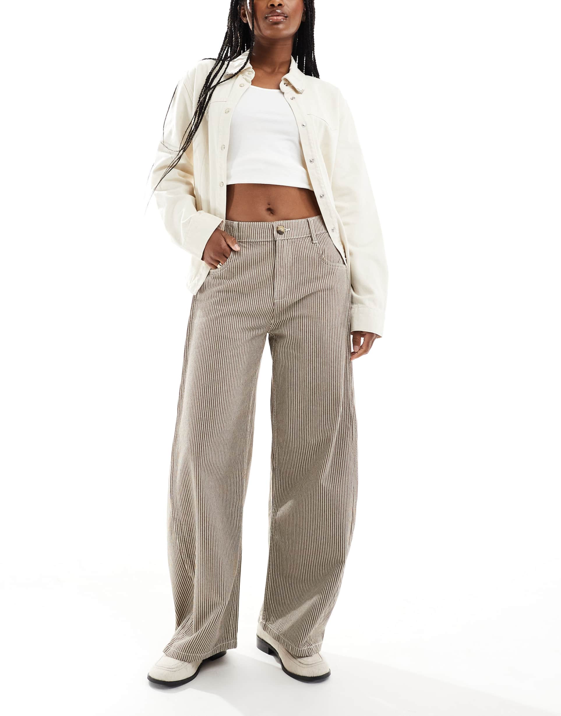 asos design horseshoe pants with tab waist detail in brown stripes