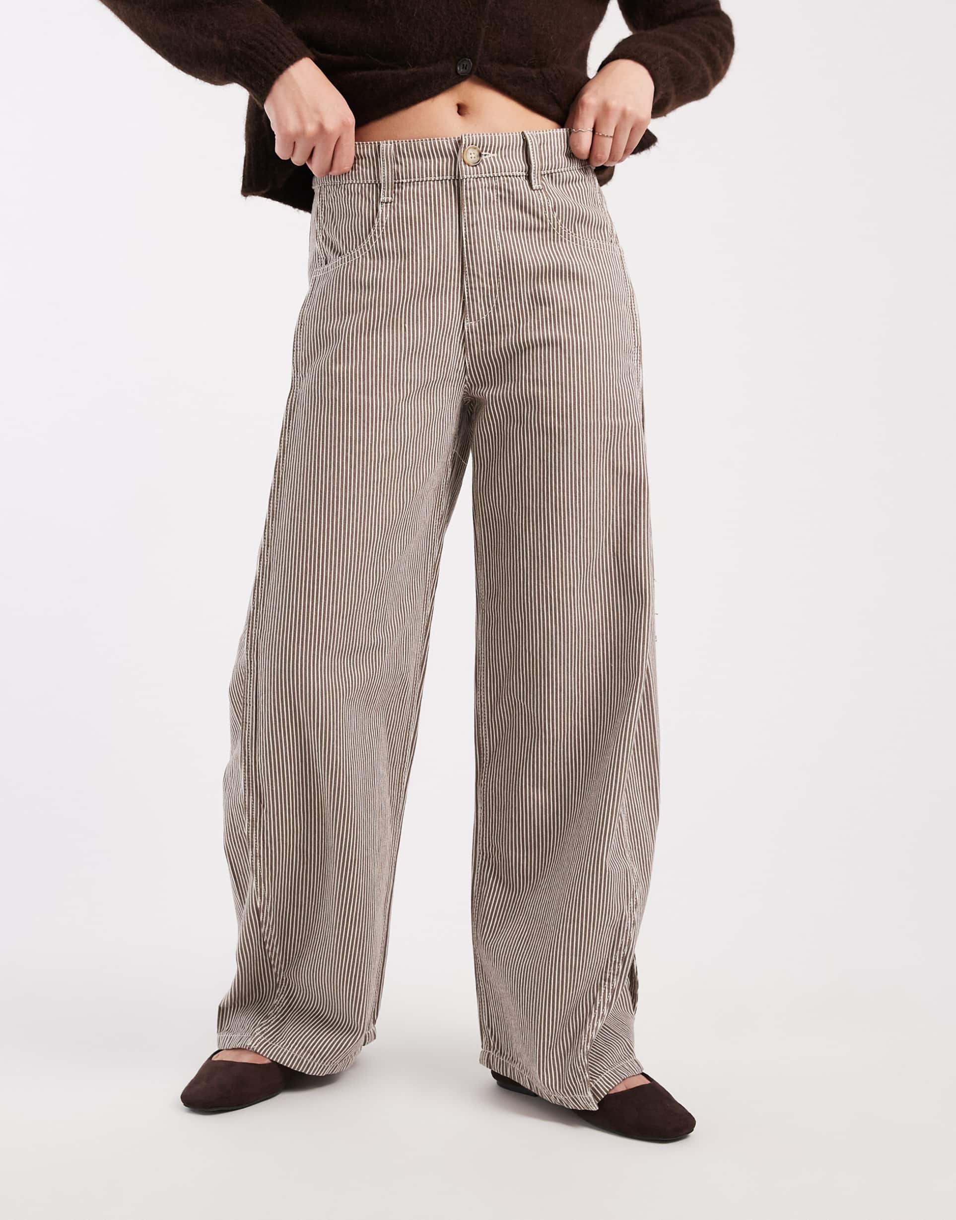 asos design horseshoe pants with tab waist detail in brown stripes