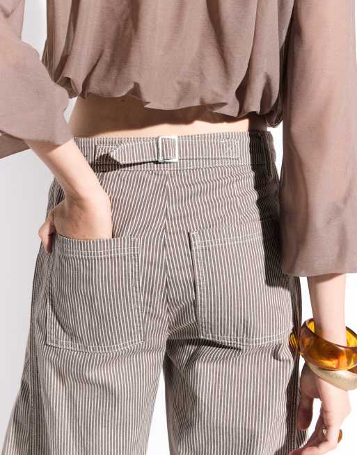 ASOS DESIGN horseshoe pants with tab waist detail in brown stripes, 3 of 7