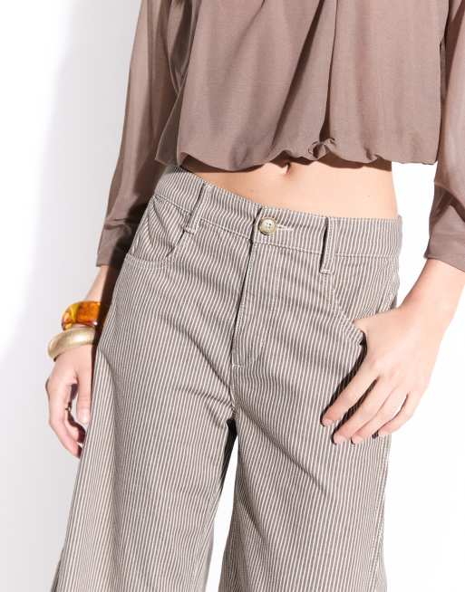 ASOS DESIGN horseshoe pants with tab waist detail in brown stripes, 4 of 7
