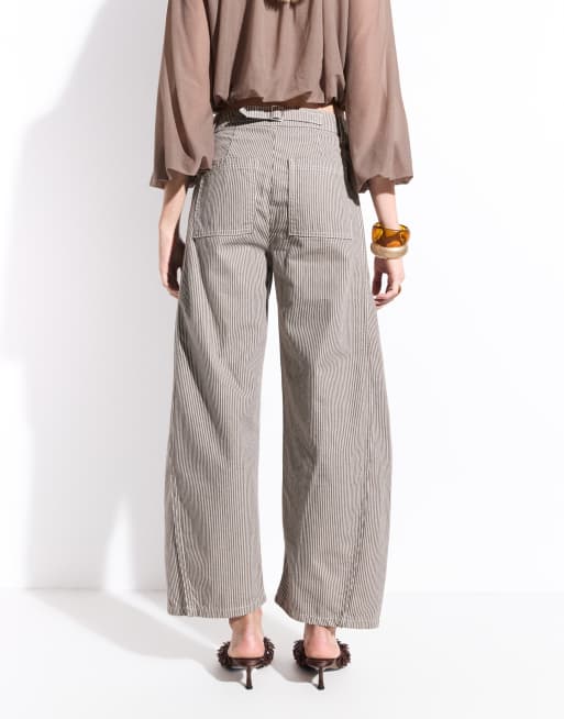 ASOS DESIGN horseshoe pants with tab waist detail in brown stripes, 5 of 7