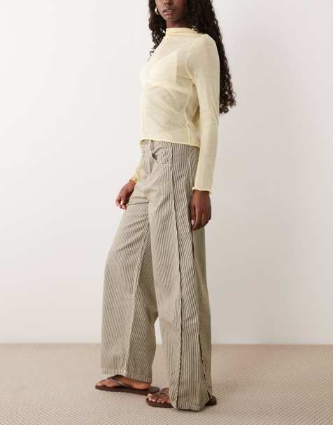 ASOS DESIGN horseshoe pants with tab waist detail in khaki striped print - view 1