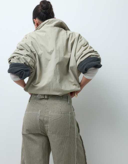 ASOS DESIGN horseshoe pants with tab waist detail in khaki striped print, 2 of 5