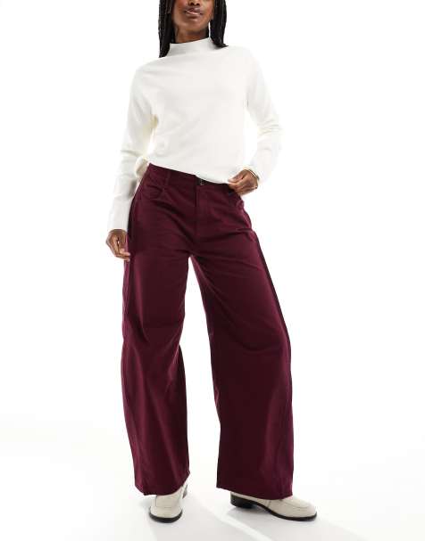 ASOS DESIGN horseshoe pants with tab waist detail in wine - view 1