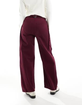Asos Design Horseshoe Pants With Tab Waist Detail In Burgundy