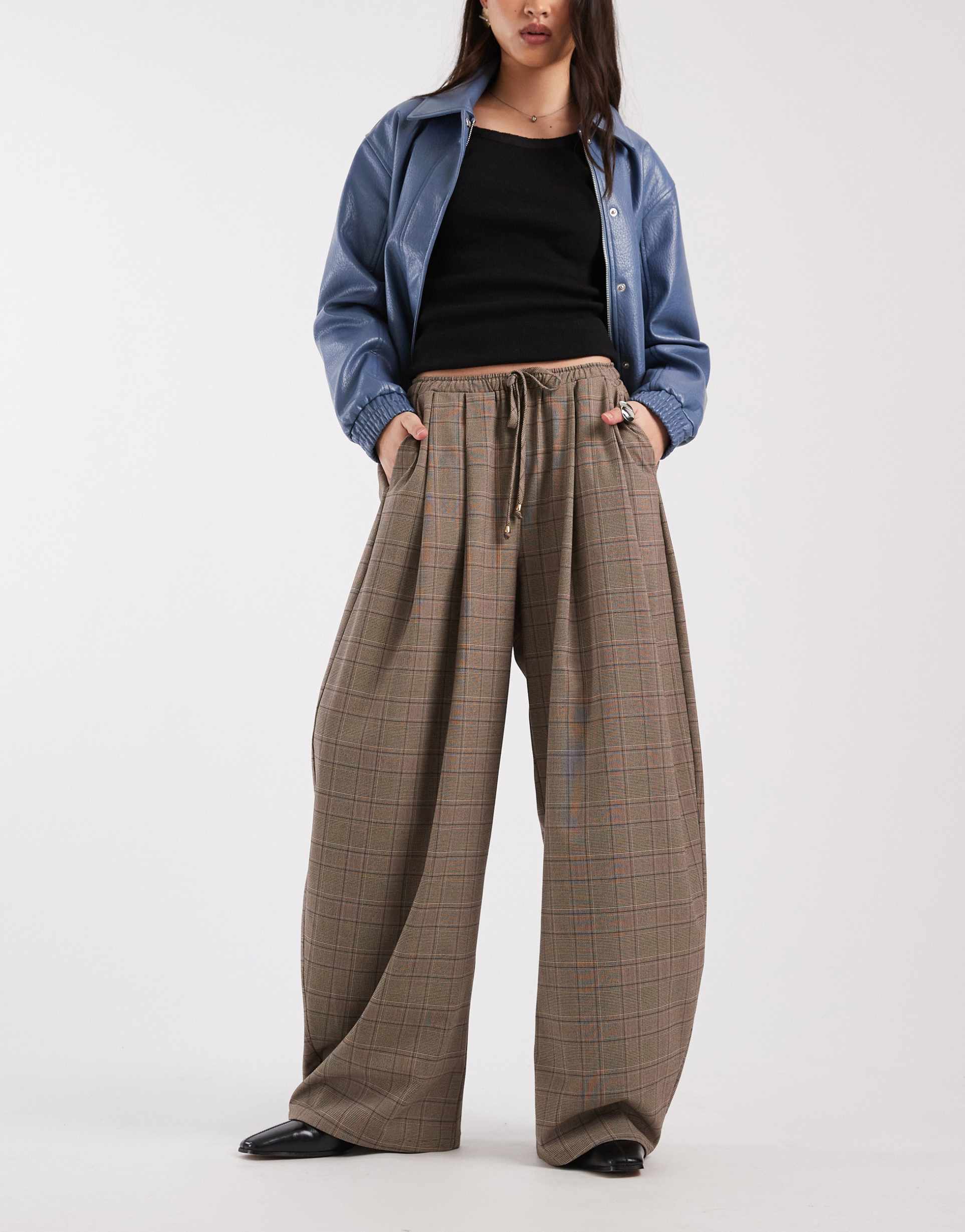 asos design horseshoe pull on pants in brushed plaid