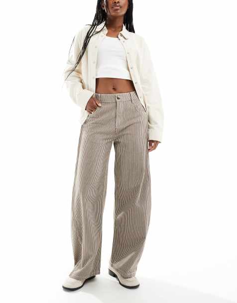 ASOS DESIGN horseshoe trousers with tab waist detail in brown stripe - view 1