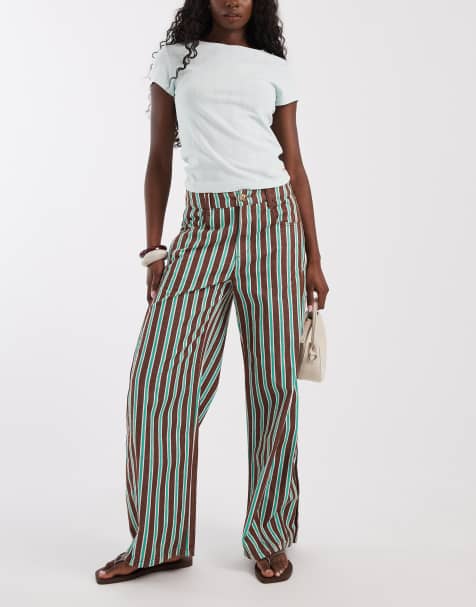 ASOS DESIGN horseshoe trousers with tab waist detail in chocolate stripe - view 1