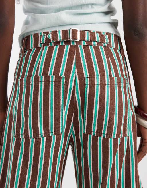 ASOS DESIGN horseshoe trousers with tab waist detail in chocolate stripe, 3 of 5