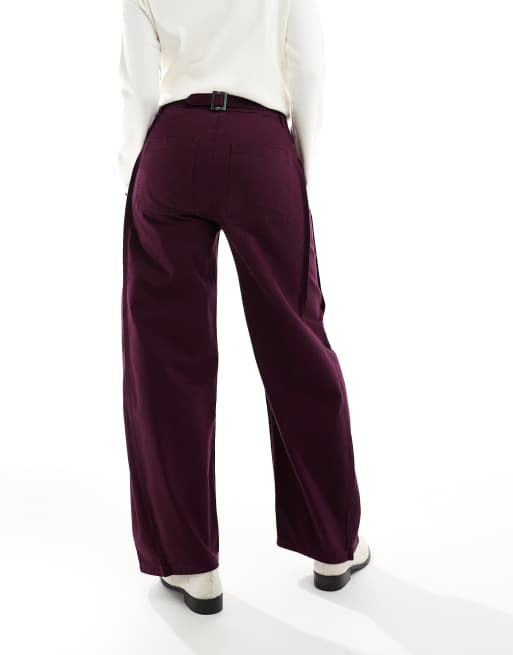 ASOS DESIGN horseshoe trousers with tab waist detail in wine, 2 of 5