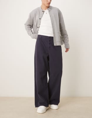 Asos Design Horseshoe Twill Pants With Pleat In Navy