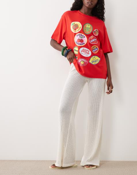 ASOS DESIGN – Hose aus Häkeljersey in Creme mit schmalem Bund, Kombiteil - view 1
