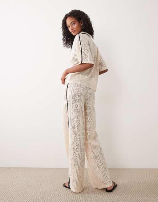 ASOS DESIGN – Hose aus Häkeljersey in Naturfarbe mit weitem Bein, 2 von 5
