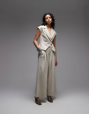 ASOS DESIGN - Hose aus Jersey-Twill in Steinbeige mit weitem Bein und Bundfalten, Kombiteil-Neutral