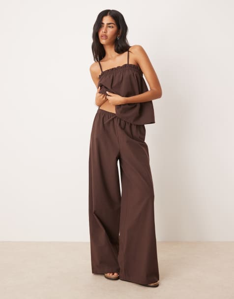 ASOS DESIGN – Hose aus Leinenmix in Schokobraun mit weitem Bein und elastischem Bund - view 1