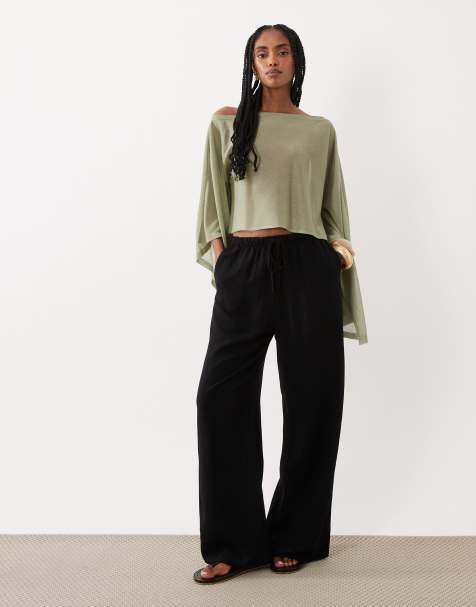 ASOS DESIGN – Hose aus Leinenmix in Schwarz mit weitem Bein und elastischem Bund, Kombiteil - view 1