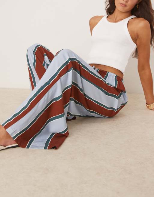 ASOS DESIGN – Hose aus Leinenmix mit blauen breiten Streifen und elastischem Bund, 4 von 5