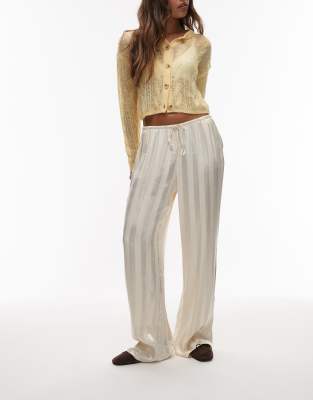 ASOS DESIGN - Hose aus Satin in Creme mit Streifen und weitem Bein, Kombiteil-Weiß