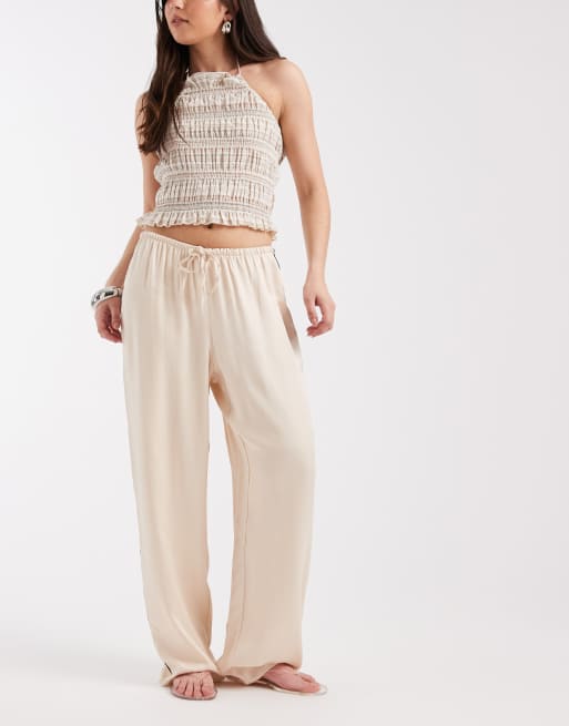 ASOS DESIGN – Hose aus Satin in Ecru mit weitem Bein und seitlichem Streifen, 2 von 5