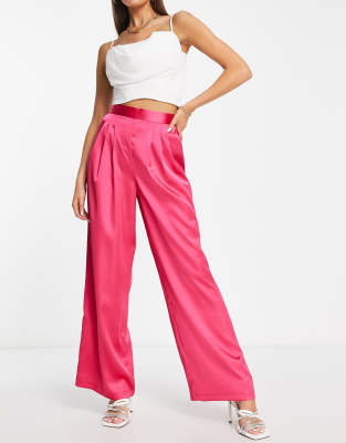 ASOS DESIGN - Hose aus Satin in Hot Pink mit Faltendetail-Rosa