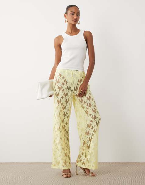 ASOS DESIGN – Hose aus Spitze in Zitronengelb mit weitem Bein, Kombiteil - view 1