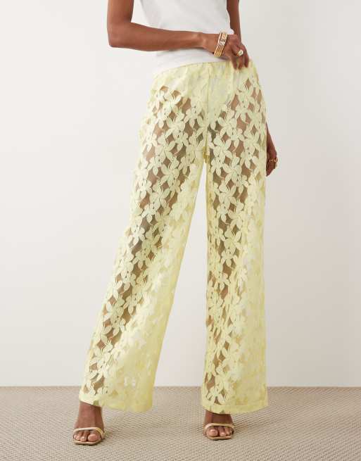 ASOS DESIGN – Hose aus Spitze in Zitronengelb mit weitem Bein, Kombiteil, 2 von 5