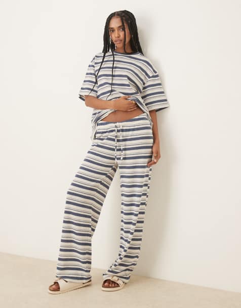 ASOS DESIGN – Hose aus Strick in Marineblau gestreift mit weitem Bein, Kombiteil - view 1