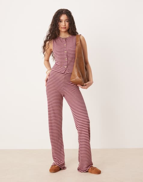 ASOS DESIGN – Hose aus Strickgewebe mit weitem Bein und Streifen in Rosa und Burgunderrot, Kombiteil - view 1
